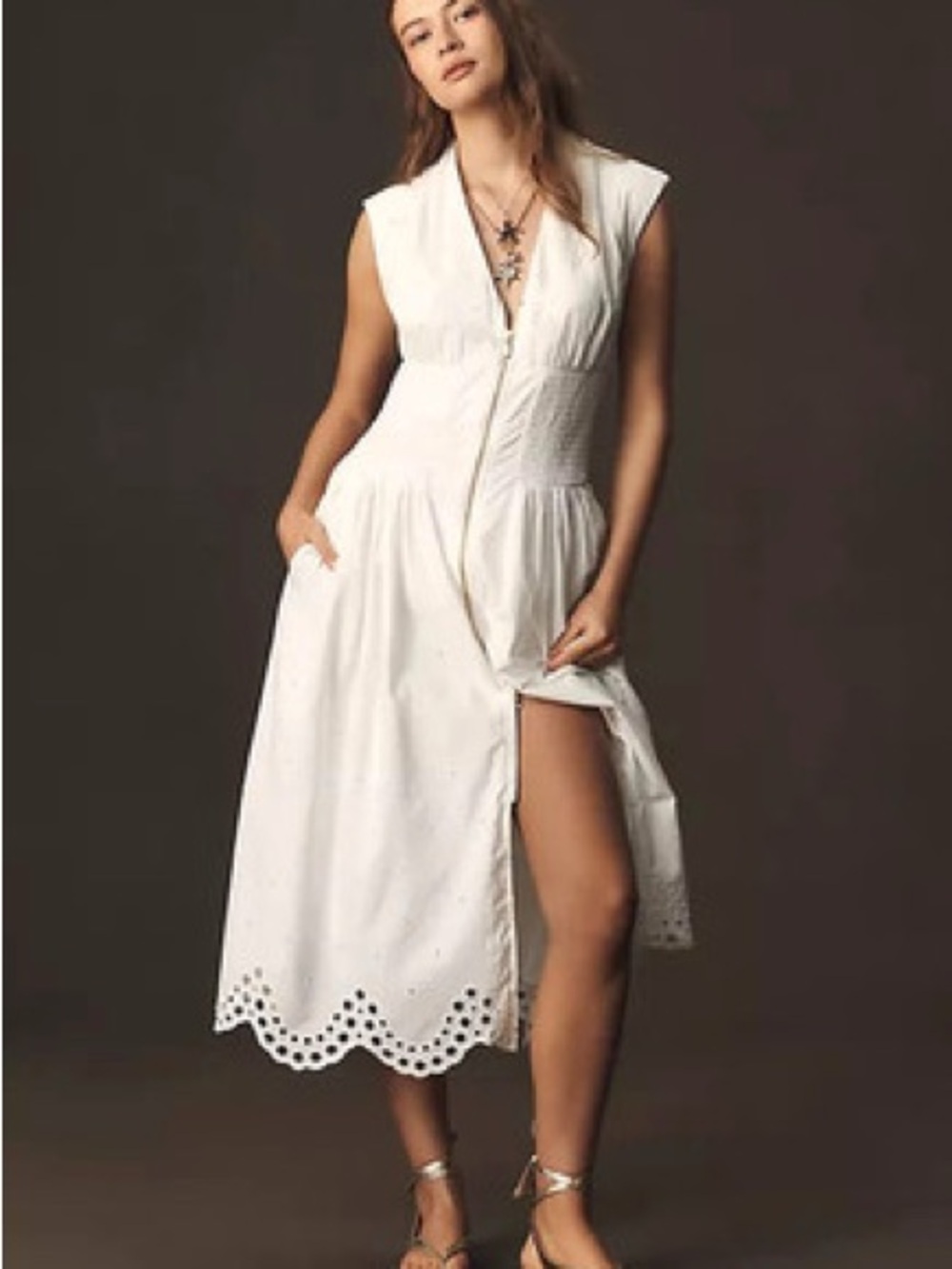 White Eyelet Midi Dress with V-Neck and Side Slit ANTHROPOLOGIE NWT medium